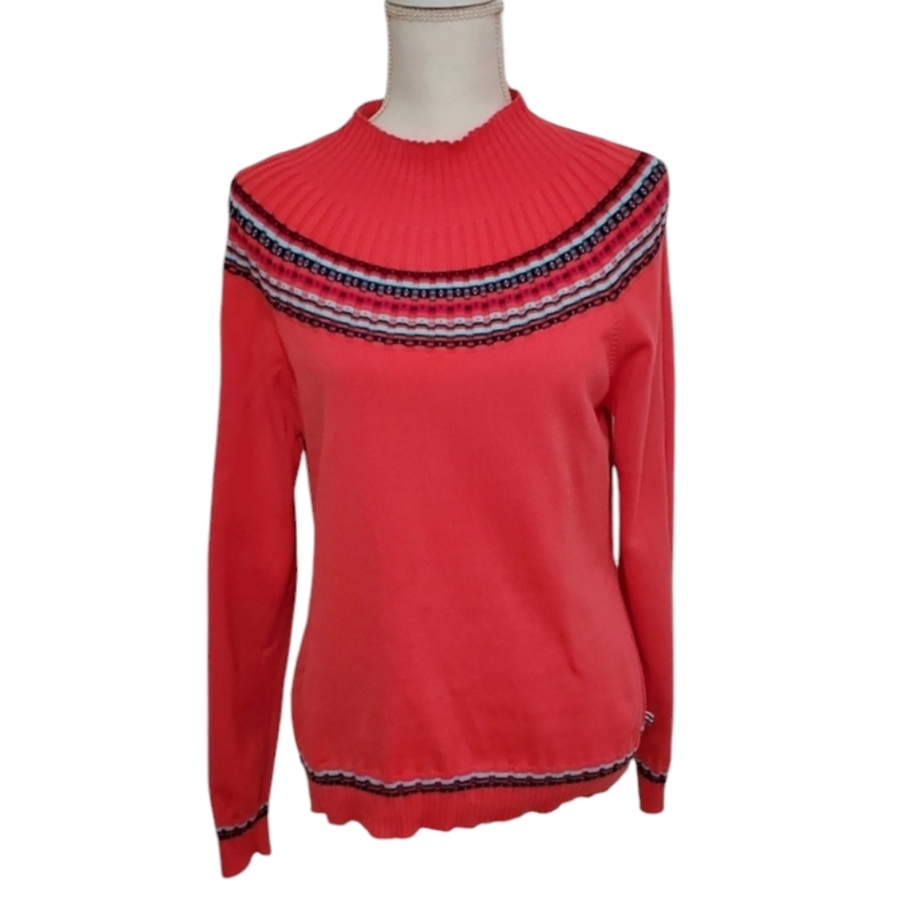 Izod Vintage Mock Neck Coral Fair Isle Tangerine Sweater, Size Large